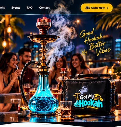 Friends sharing a premium hookah on a lounge terrace, with a Got My Hookah delivery bag